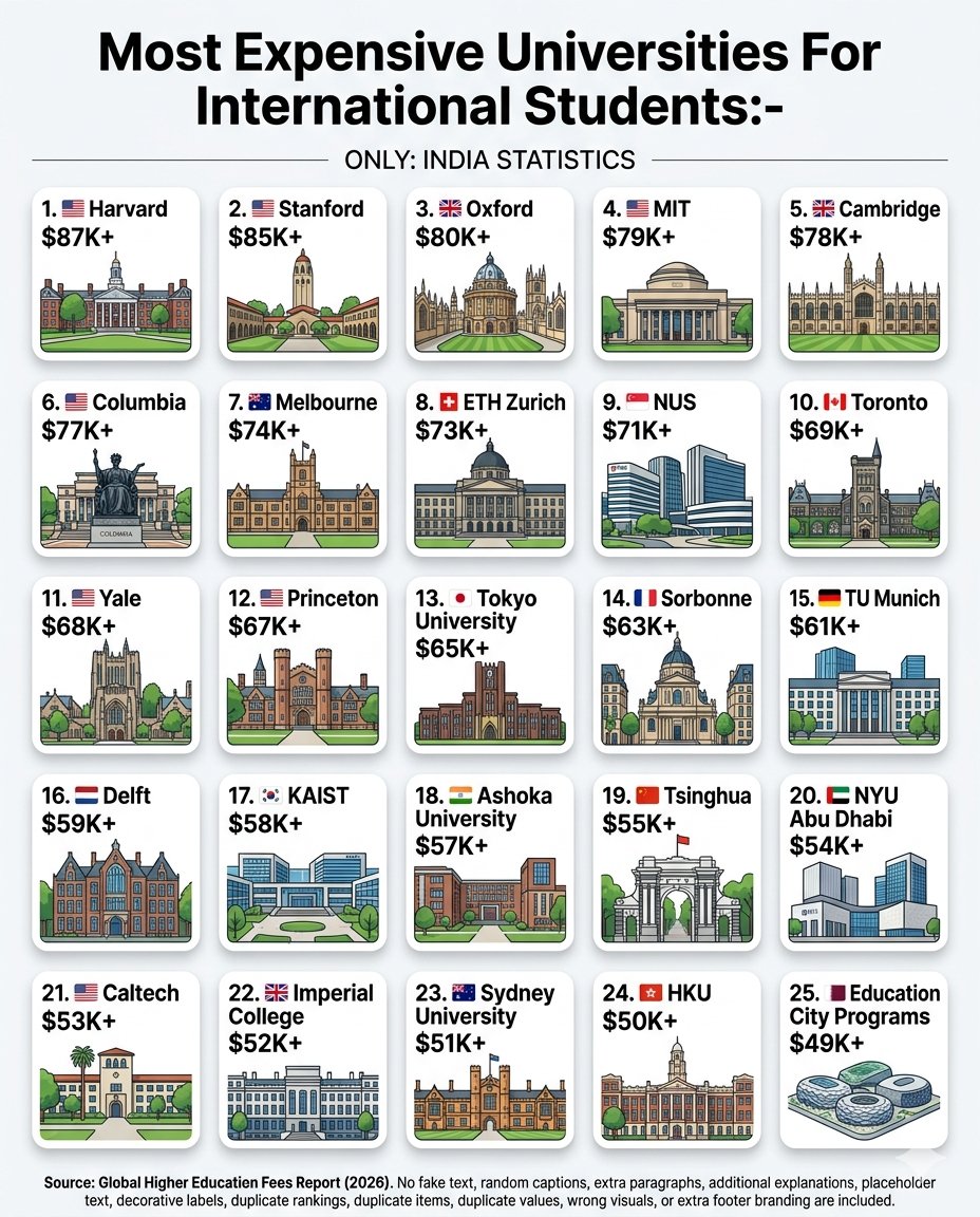 indi_statistics's tweet photo. Most Expensive Universities For International Students:-

1. 🇺🇸 Harvard — $87K+
2. 🇺🇸 Stanford — $85K+
3. 🇬🇧 Oxford — $80K+
4. 🇺🇸 MIT — $79K+
5. 🇬🇧 Cambridge — $78K+
6. 🇺🇸 Columbia — $77K+
7. 🇦🇺 Melbourne — $74K+
8. 🇨🇭 ETH Zurich — $73K+
9. 🇸🇬 NUS — $71K+
10. 🇨🇦 Toronto — $69K+
11. 🇺🇸 Yale — $68K+
12. 🇺🇸 Princeton — $67K+
13. 🇯🇵 Tokyo University — $65K+
14. 🇫🇷 Sorbonne — $63K+
15. 🇩🇪 TU Munich — $61K+
16. 🇳🇱 Delft — $59K+
17. 🇰🇷 KAIST — $58K+
18. 🇮🇳 Ashoka University — $57K+
19. 🇨🇳 Tsinghua — $55K+
20. 🇦🇪 NYU Abu Dhabi — $54K+
21. 🇺🇸 Caltech — $53K+
22. 🇬🇧 Imperial College — $52K+
23. 🇦🇺 Sydney University — $51K+
24. 🇭🇰 HKU — $50K+
25. 🇶🇦 Education City Programs — $49K+

Source: Global Higher Education Fees Report (2026)