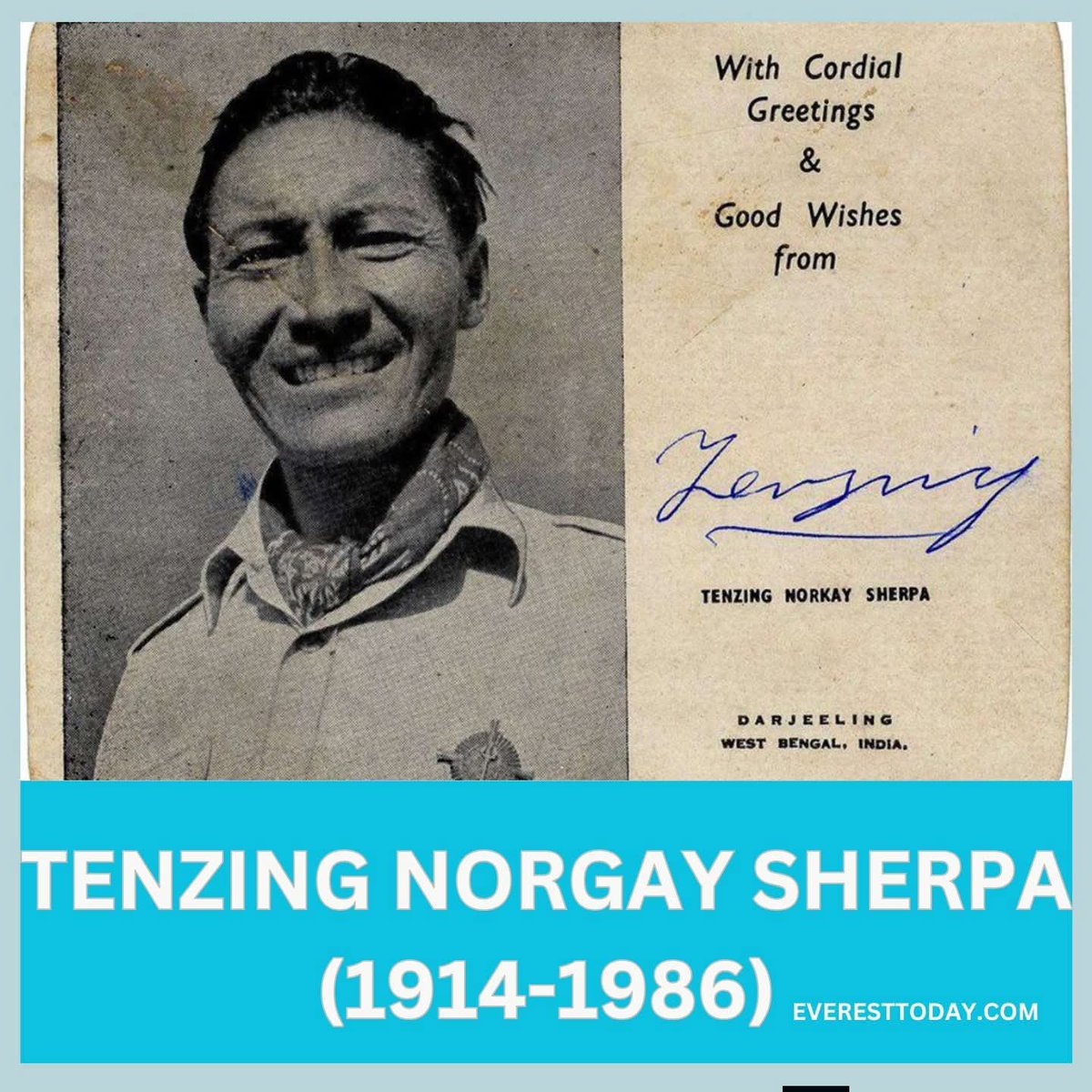 EverestToday's tweet photo. Born on this day, 29.05.1914; Tenzing Norgay Sherpa, Nepali pioneer, who was one of the first two individuals (along with Edmund Hillary) to have reached the summit of Mt Everest (8848.86 m) on 29 May, 1953.

Sherpa Tenzing Norgay, (late May 1914 – 9 May 1986) born Namgyal Wangdi was among the most famous mountain climbers in history, being one of the first two individuals (along with Edmund Hillary) to have reached the summit of Mount Everest on 29 May, 1953. He was named by Time Magazine as one of the 100 most influential people of the 20th century.

Tenzing Norgay was born in Tshechu, presently in Tibet Autonomous Region, China. He grew up in peasant family in Khumbu in Nepal. His exact date of birth is not known but it is believed that he was born in late May and later on he decided to celebrate May 29 as his birthday, as this was the date he climbed Everest. Tenzing Norgay's original name was Namgyal Wangdi, but as a child his name was changed on the advice of a lama. Norgay means fortunate. Tenzing Norgay ran away to Kathmandu twice as a boy, and eventually settled in the Sherpa community in Too Song Bhusti in Darjeeling, West Bengal, India.

Tenzing got his first opportunity to join an Everest expedition when in 1935 he was employed by Eric Shipton, leader of the British expedition. Later, Tenzing took part as a high-altitude porter in three official British attempts to climb Everest from the northern Tibetan side in the 1930s. He also took part in other climbs in various parts of the Indian subcontinent, and for a time in the early 1940s he lived in what is now Pakistan, in the Princely State of Chitral. During this period, he scaled Nanda Devi, which he described as the most difficult climb he ever took. In 1947, he took part in an unsuccessful summit attempt of Everest but it ended when a strong storm at 22,000 ft (6,700 m) pounded them. In 1952, he took part in two Swiss expeditions led by Raymond Lambert, the first serious attempts to climb Everest from the southern (Nepali) side, during which he and Lambert reached the then-record height of 28,215 ft (8,599 m).

In 1953, he took part in John Hunt's British expedition, his own seventh expedition to Everest. After failure of first pair on 26 May which had reached the South Summit, coming within 300 vertical feet (91 m) of the summit, Hunt directed Tenzing and Hillary to go for the summit. Snow and wind held the pair up at the South Col for two days. They set out on 28 May and pitched a tent at 27,900 feet (8,500 m). On 29 May, they reached Everest's 29,028 ft (8,848 m) summit, the highest point on Earth, at 11:30 a.m. They spent only about fifteen minutes at the summit. Hillary took the famous photo of Tenzing posing with his ice-axe, but since Tenzing had never used a camera, Hillary's ascent went unrecorded.

Hillary and Hunt were knighted by Queen Elizabeth, while Tenzing received the George Medal from the British Government. In 1953, King Tribhuvan of Nepal also presented the Order of the Star of Nepal, 1st Class. In 1959, the Government of India awarded him the Padma Bhushan, the third highest civilian award of India.

Tenzing joined the Himalayan Mountaineering Institute in Darjeeling since its inception and later became director of field training. In 1978, he founded Tenzing Norgay Adventures, a company providing trekking adventures in the Himalayas. The company is now run by his son Jamling Tenzing Norgay, who himself reached the summit of Everest in 1996. In 1978, the Government of India created the Tenzing Norgay Award in his honour.

Tenzing died of a cerebral hemorrhage in Darjeeling, West Bengal, India, in 1986, at age 71. He was cremated in Himalayan Mountaineering Institute, Darjeeling, his favorite haunt. In January 2008, Lukla Airport was renamed Tenzing-Hillary Airport in honour of the pair and their achievement.

Photo ©: Tenzing Norgay Archives.