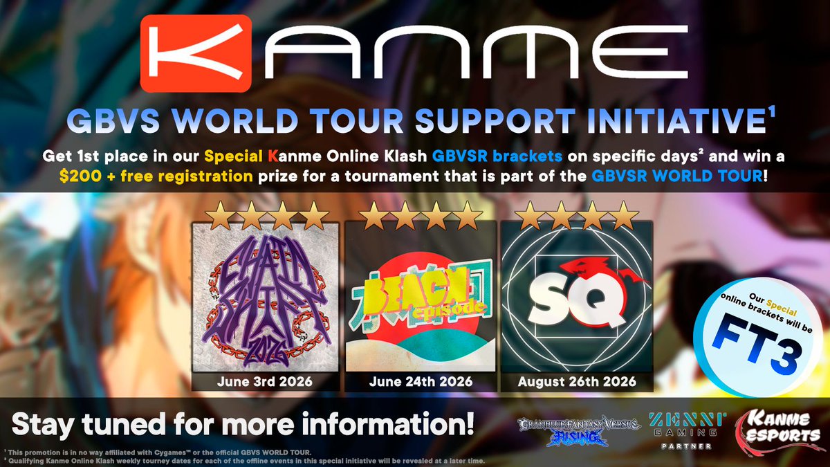 Kanme_Studios's tweet photo. Kanme is proud to officially announce our "Kanme Online Klash: Journey to the Tour!" circuit! We are contributing to the GBVSR World Tour with our very own periodic brackets! Get 1st place in one of our special brackets and get a competitors badge for one of the many offline GBVSR World Tour events on top of a $200 bonus reward!

Make sure to be on the lookout for future posts about our brackets so you don't miss the chance to potentially attend one of the many NA GBVSR World Tour events!

We also would like to thank the wonderful staff from @ChainShiftEvent, @BostonBlueBeat and @SQbyNCFGC as well as our partners @Zenni_Gaming and @okizemecoffee for helping us support the GBVS Tour.