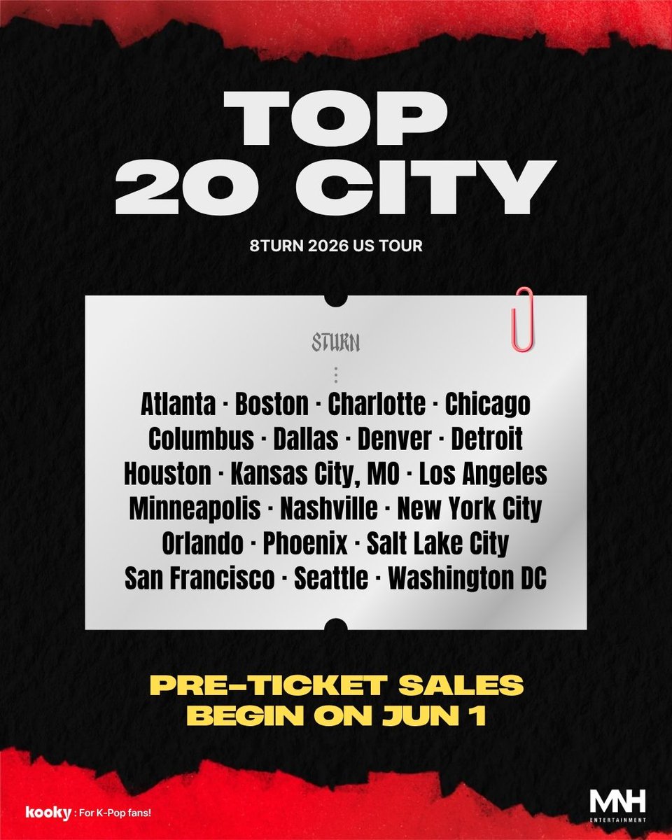 kooky__official's tweet photo. ❤️‍🔥 8TURN 2026 US Tour — TOP 20 Cities Revealed!

Thank you, TURNING! 🖤
The TOP 20 candidate cities for the 8TURN 2026 US Tour have officially been selected 👏

Now the next stage begins — Pre-Ticket Sales!
Only cities that reach 200 PREMIUM tickets will be confirmed as official tour stops.

🏆 The first 2 city to reach 200 seats will be rewarded with a Bonus Encore Stage!
⏰ The earlier you buy, the earlier you enter — don't miss the sales opening on Jun 1!

👉 Pre-Ticket Sales Page Preview
🔗 https://t.co/wjGOKIzlZC 
📖 Tour project full details
🔗 https://t.co/NvUWy9Gq8c 

Your support will decide where 8TURN performs in 2026!
Let's build the 8TURN 2026 US Tour together 🖤
@8turn_official
#8TURN #에잇턴 #8TURNxKooky #KookyTour #8TURN2026USTour