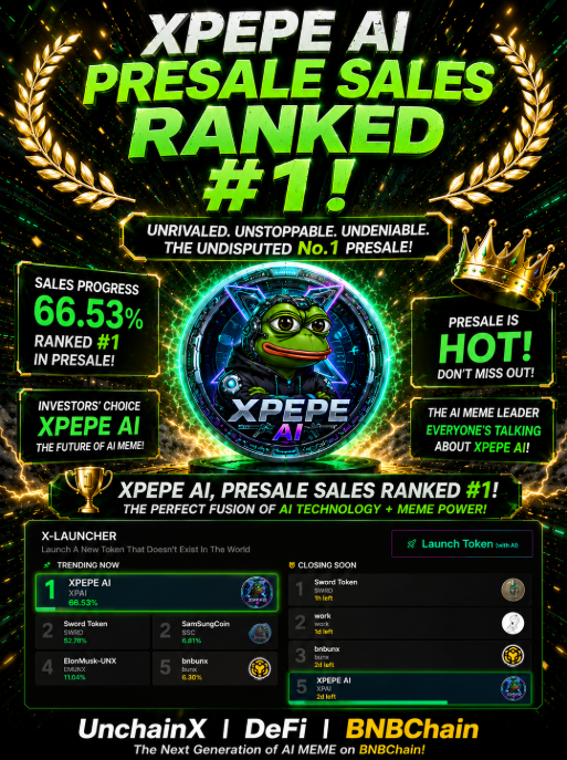 CryptoX_UNX's tweet photo. 🚀 XPEPE AI ($XPAI) is dominating the UnchainX X-Launcher presale rankings!

Currently leading the board with explosive momentum and growing community support 🔥

AI + MEME + BNBChain = The next big wave ⚡

#XPEPEAI #XPAI #UNX $UNX #BNBChain #AI #MemeCoin #Crypto #DeFi #Web3 https://t.co/Bxkz76mSrc