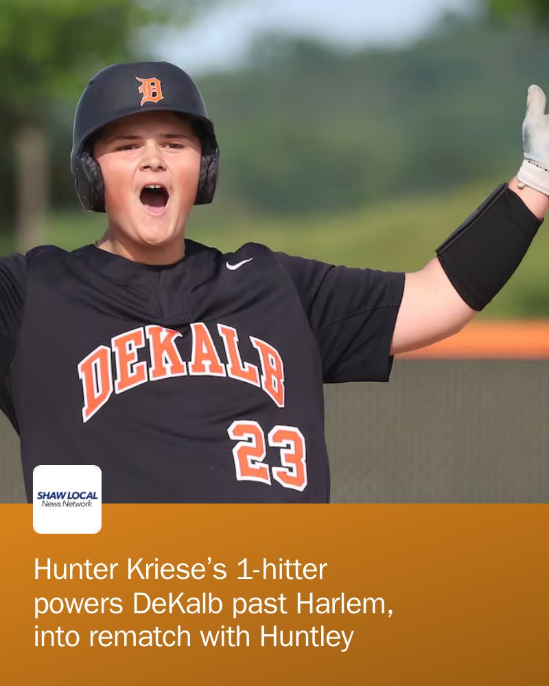 Daily_Chronicle's tweet photo. Hunter Kriese flirted with a no-hitter Thursday as No. 5 DeKalb blanked No. 4 Harlem 7-0 in a Class 4A regional semifinal. The senior struck out seven. Now the Barbs face a Huntley team Saturday that's knocked them out the last two years. https://t.co/fBt9jjWxQX