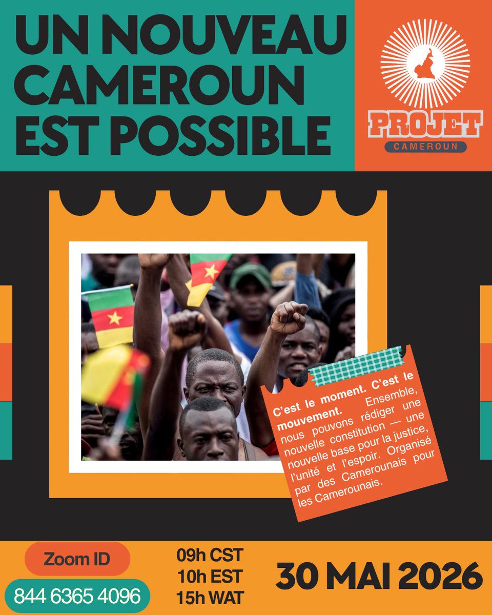 projectcameroon's tweet photo. Live on Zoom
En direct sur Zoom : ID : 844 6365 4096

This is the time to plan for tomorrow. Stand up now! Stand with us. Join us! 

https://t.co/lfNmoZQBkg https://t.co/xdjhTPrWG2