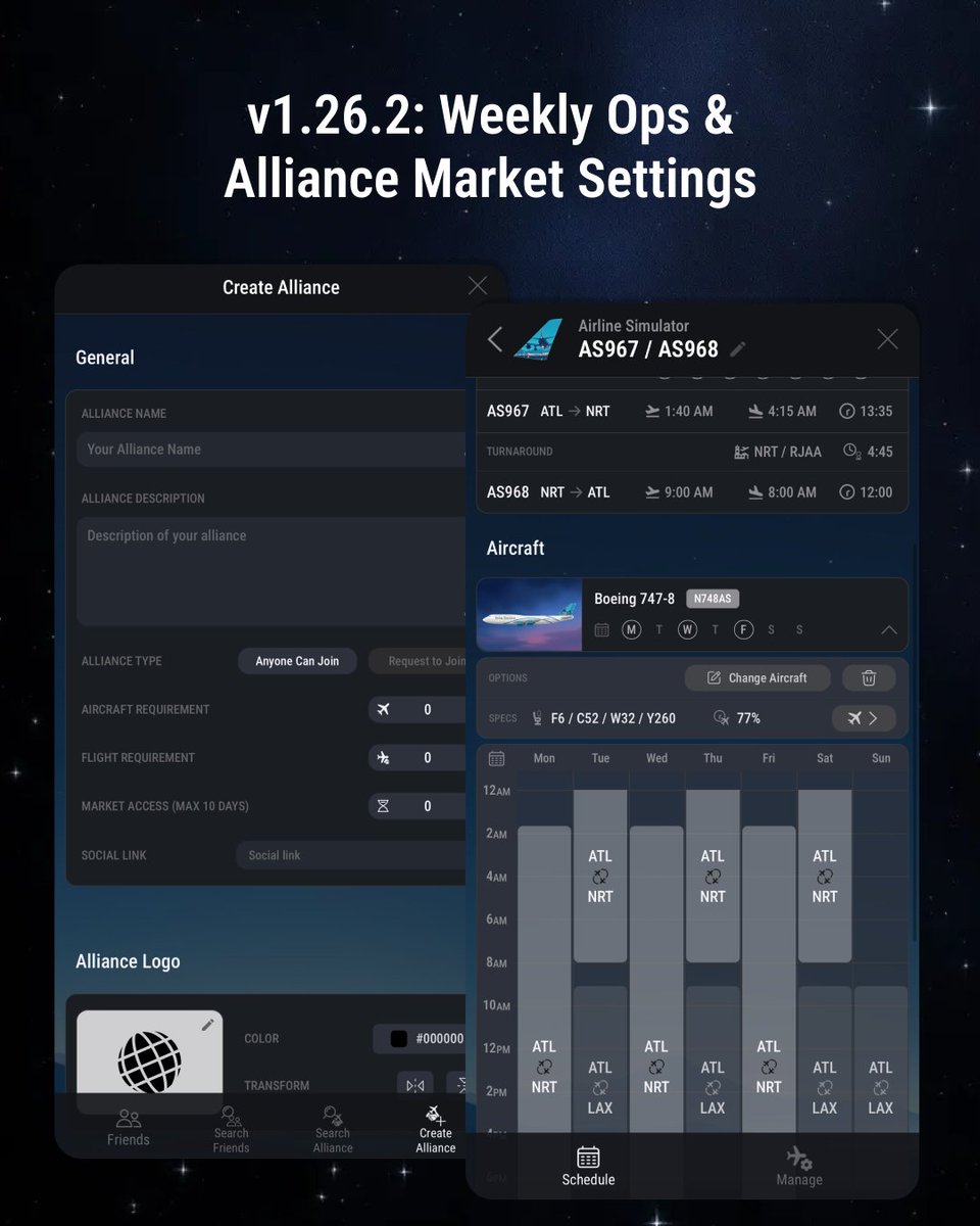 airline_sim's tweet photo. ✈️ v1.26.2 Update!

🖌️ UI Updates
- Flight schedule page now shows each aircraft's weekly operations

🔒 Alliance Market Updates
- Alliance leaders can set a waiting period before new members access the market
- Aircraft model filter added when purchasing from the alliance market https://t.co/FFZwsMumao