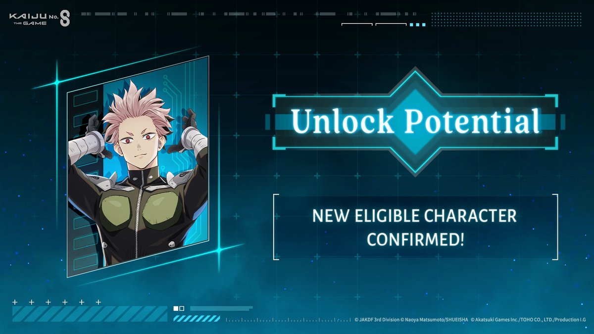kj8_TheGame_EN's tweet photo. ◤ 　　 #KaijuNo8THEGAME
　　　 　  Unlock Potential
  New Eligible Character Confirmed ◢

Unlock Potential is a feature that allows you to further enhance specific characters' skills and stats.
Starting June 9 JST (UTC+9), the following character will also be available to unlock ⚡️

★5 [Japan's Strongest Combatant] Gen Narumi

#K8Game #KaijuNo8