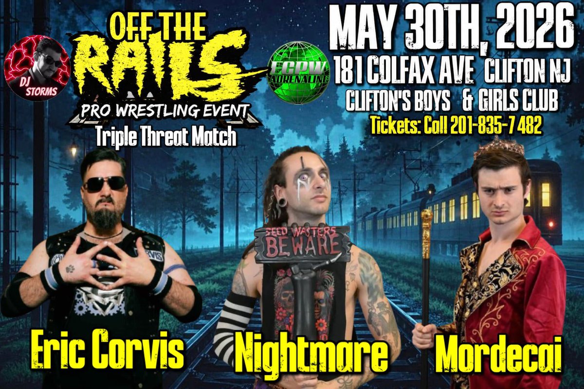 HistoryMakerDJS's tweet photo. THI SATURDAY AT 7pm, Professional wrestling comes to the Clifton Boys & Girls club for the FIRST TIME EVER with OFF THE RAILS! 

Full card is as follows: 

1. Joe Scott Vs @Alexrivera_98 

2. @EricCorvis vs Nightmare in Wonderland Vs Mordecai The Messiah 

3. @VVonstarr Vs @LularoeTiphani w/@WrestlinWSavage (@WrestlingMagic, @VPW_Wrestling, & Colossal Championship Wrestling Women’s World Championships) 

4. @Adonis_Stone_ Vs KB King (@LOUDEAST_ LionHeart Championship) 

5. @TroyLockePro & @signed8x10 Vs @big_dogzilla16 & @KennyBengal (2 out of 3 Falls Match) 

6. @RickRecon1 Vs @TREYFELIPE21 Vs @realjmaertens (No. 1 Contender’s match for the Savage Heavyweight Championship) 

7. @TheOxxAdams Vs @DanielATG215 Vs 
@BigAnt_76 Vs @greekgodpapadon (Fatal 4-Way Elimination Match for the Savage Heavyweight Championship) 

Get your tickets now for #OffTheRails on Saturday May 30th, 2026 in Clifton, NJ!!! 6pm Meet & Greet, 7pm Belltime. 

DM me or call 201-835-7482!!! 

(Serious Inquiries Only!) 

#DJStorms #Wrestling #ECPW
