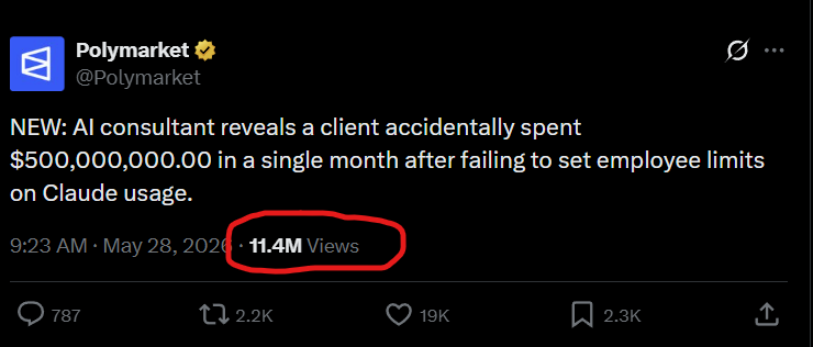 Martianment's tweet photo. This is going viral every big page talking about this today, a company let their employees use claude with zero limits and got hit with a $500,000,000 (half billion dollar bill) 

Introducing $500,000,000 AI $5000000000

X Comm: https://t.co/nkbOaoNWpT

100% AI Agent Buy Backs https://t.co/OIBWJnrDq4