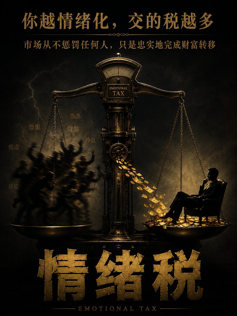 readonlm's tweet photo. 市场从来没有在惩罚任何人。 
它只是忠实地完成一件事：把焦虑者的钱给冷静者，把跟风者的钱给独立思考者。 

你慌了，你卖了，钱就走了。 
有人接走你的廉价筹码，那个人什么都没做，只是没慌。 
所以你输掉的每一笔钱，背后都有一个人在安静地赚着。

👉 市场的本质，是情绪税——你越情绪化，交的税越多。