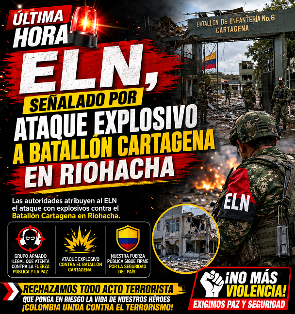 joanpa's tweet photo. ELN, señalado por ataque explosivo a batallón Cartagena en Riohacha.
https://t.co/7eXIDZCX1q https://t.co/FtToXJpkC3