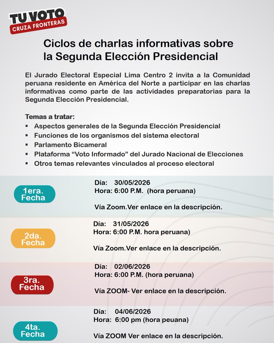 PeruEnBoston's tweet photo. Ciclo de Charlas sobre la Segunda Elección Presidencial
Accede a través de los siguientes enlaces: 
📆 1era Fecha:
https://t.co/rsg9ukbxF8
📆 2da Fecha:
https://t.co/j7N8JYdbNd
📆 3era Fecha:
https://t.co/rjOhcAvMBJ
📆 4ta Fecha:
https://t.co/naranF2QXB 
Ver menos Ver meno https://t.co/Mf3DW51qaf