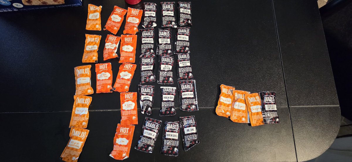 JRTShadow's tweet photo. @tacobell We always get too many sauces. We asked for 1 diablo and 3 mild and received all this. This happens constantly, at every Taco Bell and it just goes to waste. Maybe you could keep your prices down if you managed your product better. https://t.co/sMrdB8iEYg