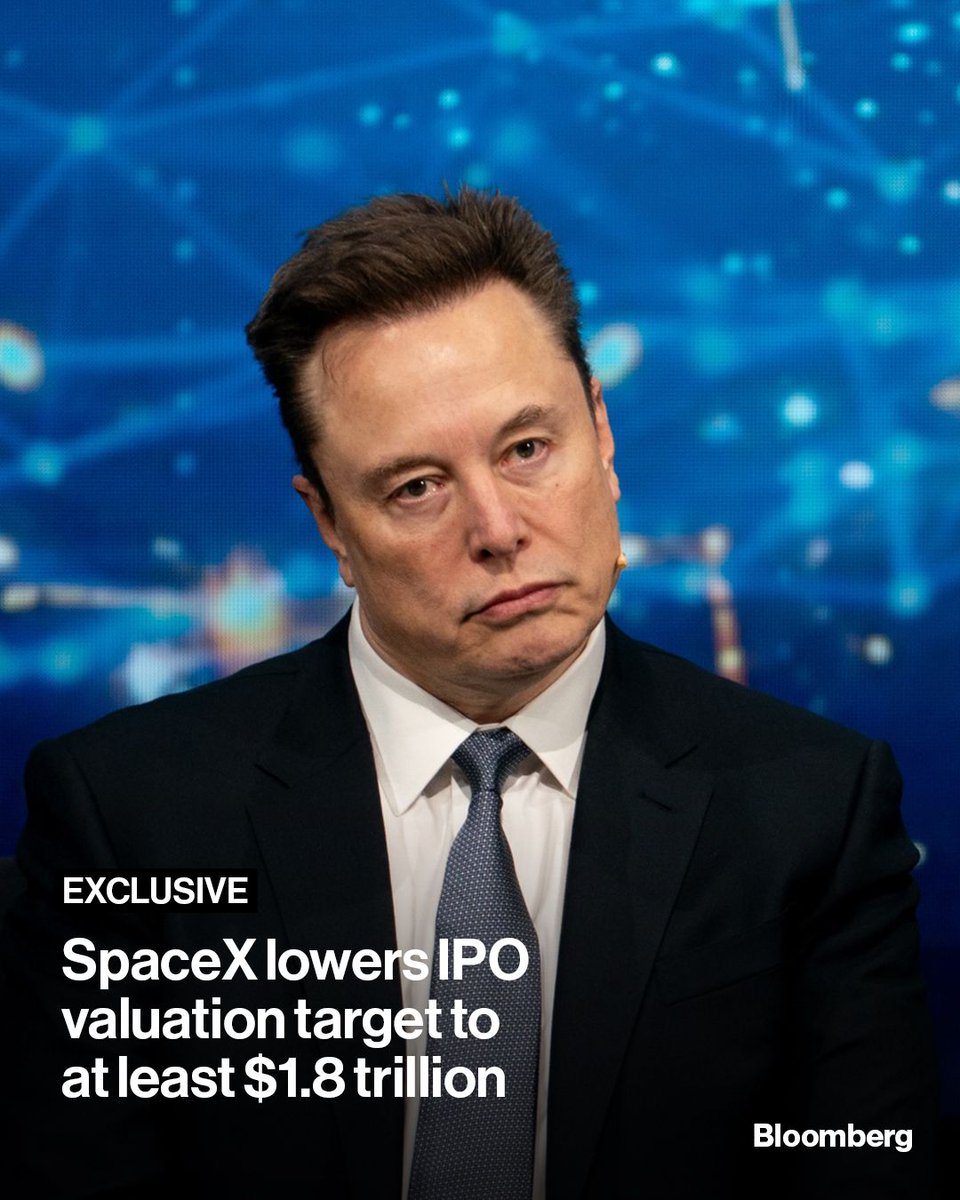 business's tweet photo. SpaceX is now targeting a valuation of at least $1.8 trillion in its IPO, according to people familiar with the matter, as Elon Musk’s company promising data centers in space nears its debut. Read more: https://t.co/6MTdwfc9Gn

📷️: Stefani Reynolds/Bloomberg https://t.co/g9pduUO1HO