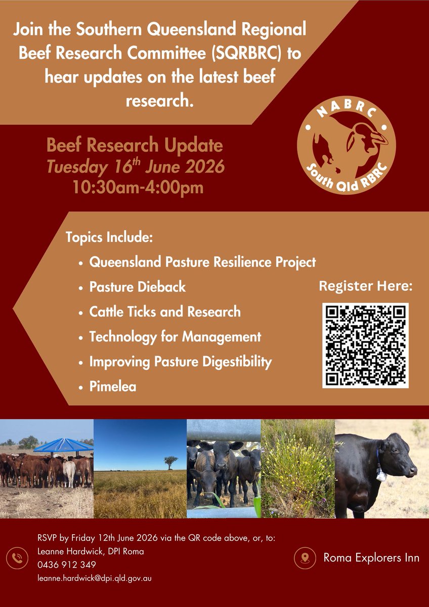 FutureBeef's tweet photo. Want to hear the latest beef research in southern QLD?

Join the SQRBRC for a Beef Research Update featuring the latest research, emerging issues and practical insights.

When: Tuesday 16 June, 10:30am–4:00pm
Where: Roma Explorers Inn
Register: https://t.co/2YbgyCfmCa https://t.co/lgOQHVZYB9