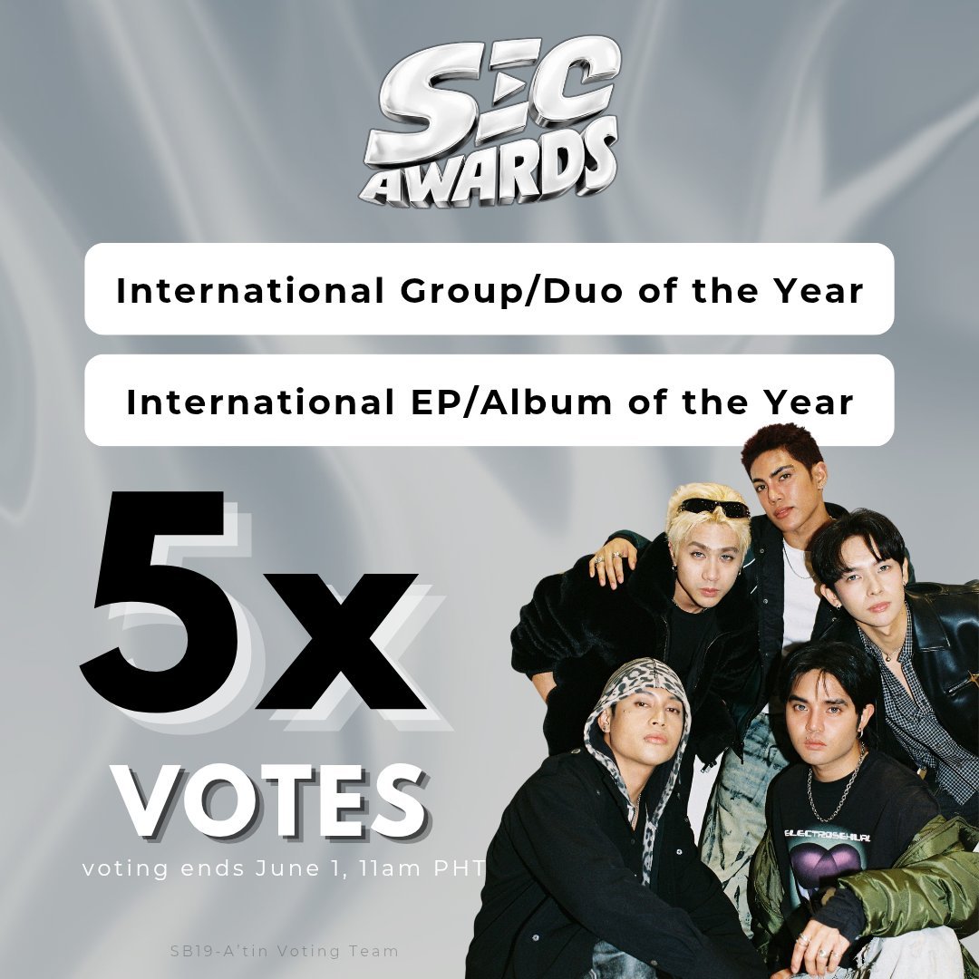 Jhughugh's tweet photo. Good morning, A'TIN!

Are you still voting with us? Don't forget that this will end soon and we re aiming for 3peat. 😉

SEC AWARDS (SECA) 🇧🇷
🔹 International Group/Duo of the Year 
🔗https://t.co/eE6AIrqun4
🔹 International EP/Album of the Year
🔗https://t.co/cgJaHtgjtO

@SB19Official #SB19
