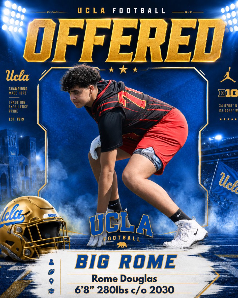 BigRomeDouglas's tweet photo. Blessed to receive an offer from @UCLAFootball ‼️ Thank you to the coaching staff for believing in me. The work continues! #GoBruins #BigRome #classof2030 
@GregBiggins @adamgorney @BlairAngulo @CoachMarshawn https://t.co/Iq3ycsuZja