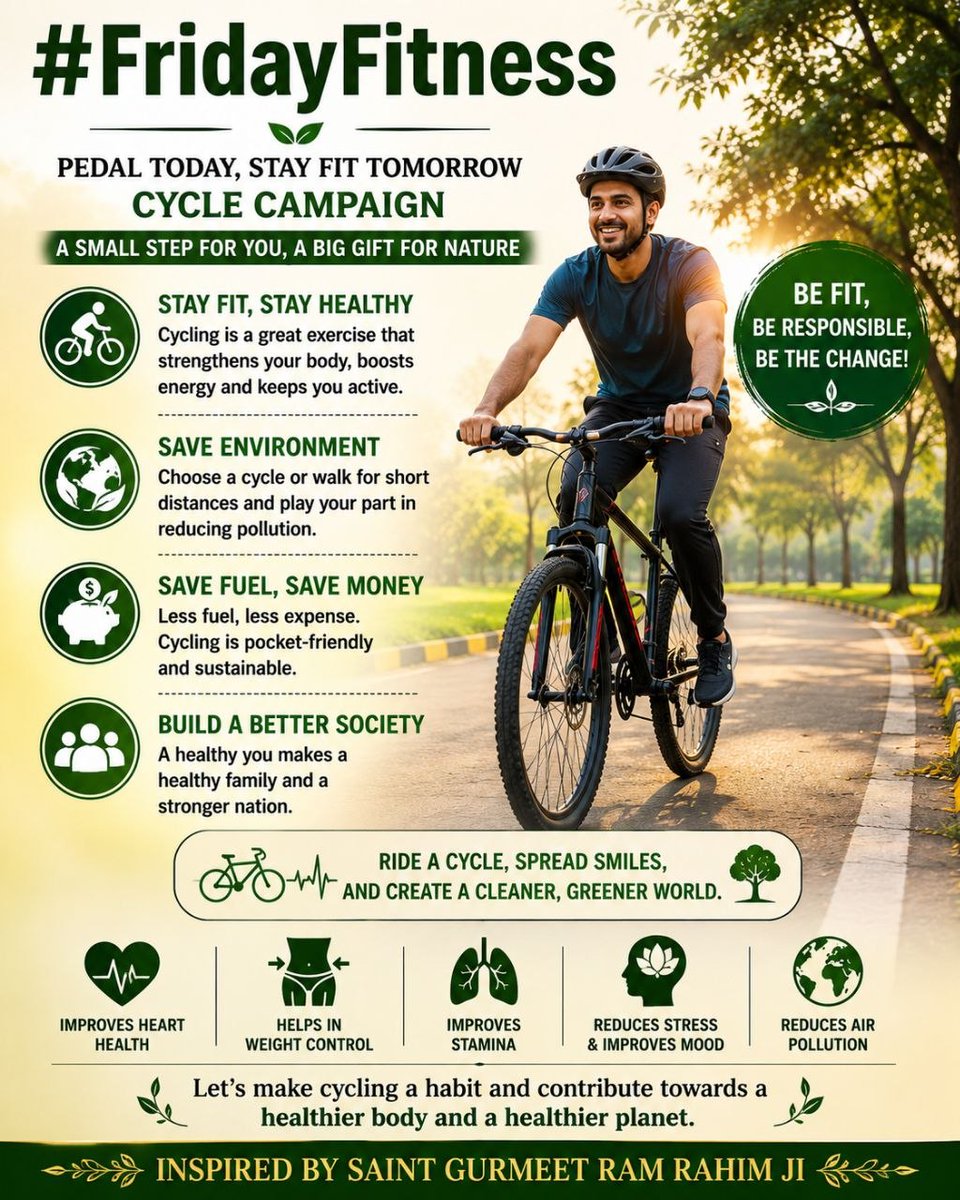 rekhasingal777's tweet photo. स्वस्थ जीवन के लिए Saint Gurmeet Ram Rahim Ji ने Cycle Campaign कि शुरूवात की उनके मार्गदर्शन पर चल कर हमें पैदल चलने को अपने जीवन में शामिल करना चाहिए जिससे हम स्वस्थ जीवन जी सकते है|
#FridayFitness https://t.co/UEFxHmhrvX
