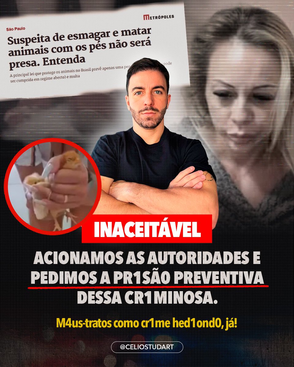 CelioStudart's tweet photo. Depois de t0rtur4r e vender vídeos de an1m4is sendo m0rt0s, ela está solta.
Pedimos a pris4o preventiva dessa cr1minos. Isso não pode ficar impune!

C0mp4rt1lh3. Pressione. Isso não pode ficar impune! https://t.co/BvufFO9cPI
