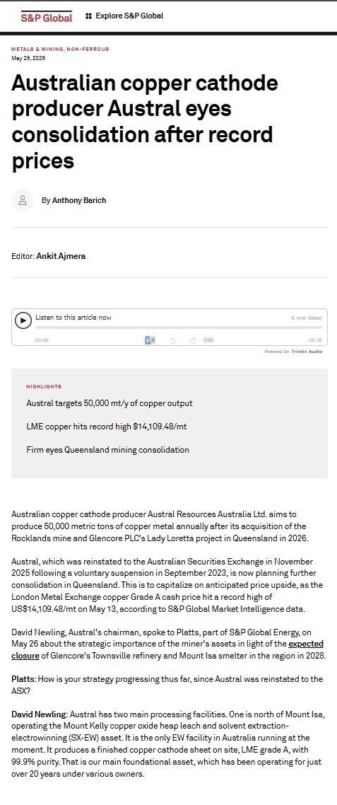 AustralLimited's tweet photo. Australian copper cathode producer Austral Resources eyes consolidation after record prices

Read more: https://t.co/6fKUOtwWIY

$AR1.ax #Copper https://t.co/V9KNpK22E6