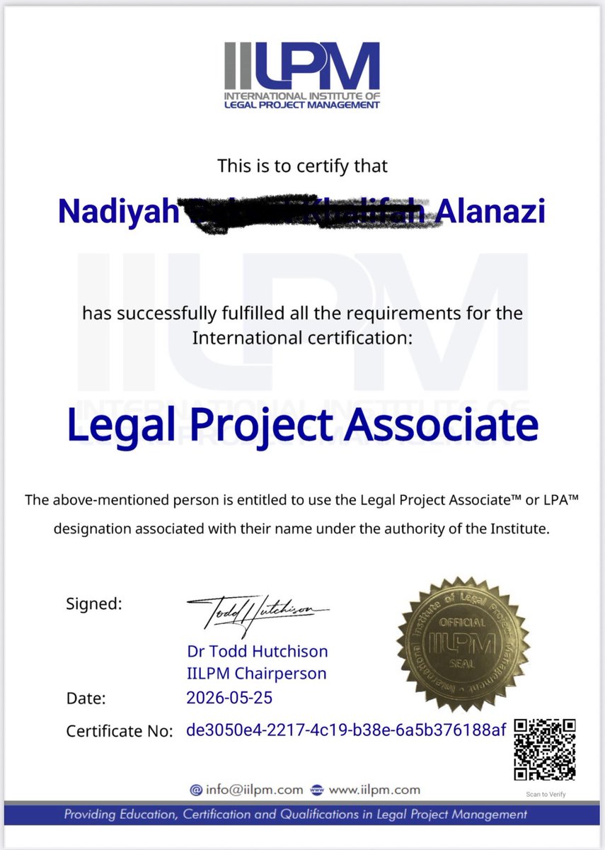 Nadia12122's tweet photo. سعدت بإتمامي برنامج أخصائي المشاريع القانونية (LPA)المقدم من أكاديمية أساب،وحصولي على الشهادة الدولية من المعهد الدولي لإدارة المشاريع القانونية(IILPM)وكانت فرصة قيّمة للتعرّف على منهجيات إدارة المشاريع القانونية وتطبيقاتها في تطوير الممارسة القانونية ورفع كفاءة الأعمال القانونية https://t.co/dcRGoGvZoa