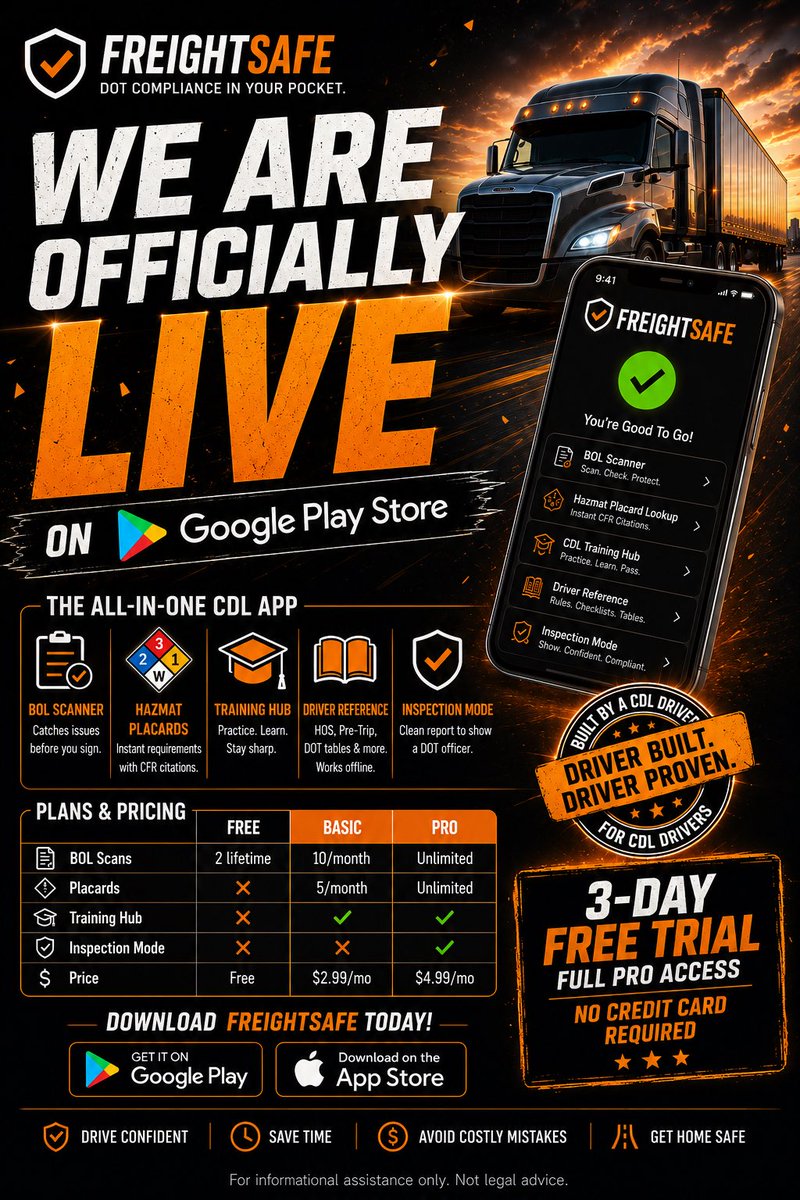 EchoLinkTech's tweet photo. 🔥 WE ARE OFFICIALLY LIVE ON THE GOOGLE PLAY STORE! 🔥

FreightSafe is officially LIVE on BOTH app stores and ready for CDL drivers everywhere. 🚛💨

Built by a CDL driver, FOR CDL drivers.

✅ AI-Powered BOL Scanning
✅ Hazmat Placard Lookup
✅ DOT Inspection Mode
✅ CDL Training Hub
✅ Driver Reference Tools
✅ Offline Access

No more second guessing paperwork.
No more digging through regulations.
No more wasting time at the dock.

FreightSafe helps you stay compliant, save time, avoid costly mistakes, and protect your CDL. 🛡️

🔥 3-Day FREE Pro Trial
🔥 No Credit Card Required

📲 Download Now:

🍎 iPhone:
https://t.co/PeRE8ad5Nx

🤖 Android:
https://t.co/zr0wEe1UaK

Your load. Your time. Your responsibility.
We help you protect it.

#CDL #TruckDriver #TruckingLife #OwnerOperator #DOTCompliance #FreightSafe #Logistics #Truckers #CDLlife #Hazmat #Transportation #TruckingIndustry #Freight #DriverTools