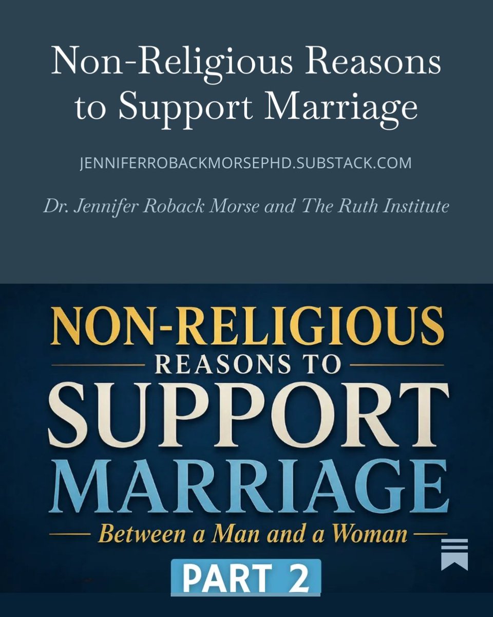 RuthInstitute's tweet photo. PART 2 is here! As America approaches Nuclear Family Month and the anniversary of Obergefell v. Hodges on June 26, many assume support for marriage between a man and a woman is purely a religious position.

It isn't.

There are compelling non-religious reasons to support marriage as the union of a man and woman. Part 2 examines what happens when marriage is redefined in law and culture.

The debate was never only about adult relationships. It was also about parenthood, fatherhood, children's connection to their biological parents, reproductive technology, and the growing role of the state in family life.

Read it here: https://t.co/WW7CX6NqDq
