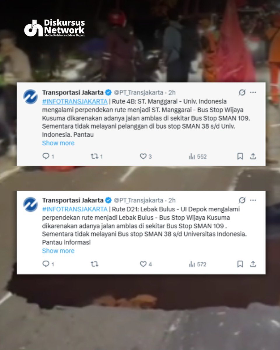 DiskursusNet's tweet photo. Jalan Raya Lenteng Agung di Jagakarsa, Jakarta Selatan amblas pada Jumat (29/5) pagi. Kondisi itu membuat Bus TransJakarta rute D21 dan 4B alami perubahan rute sementara waktu.
#Rute #Bustransjakarta #Lentengagung https://t.co/NMOcN2HPyN
