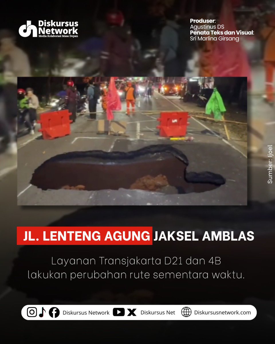 DiskursusNet's tweet photo. Jalan Raya Lenteng Agung di Jagakarsa, Jakarta Selatan amblas pada Jumat (29/5) pagi. Kondisi itu membuat Bus TransJakarta rute D21 dan 4B alami perubahan rute sementara waktu.
#Rute #Bustransjakarta #Lentengagung https://t.co/NMOcN2HPyN