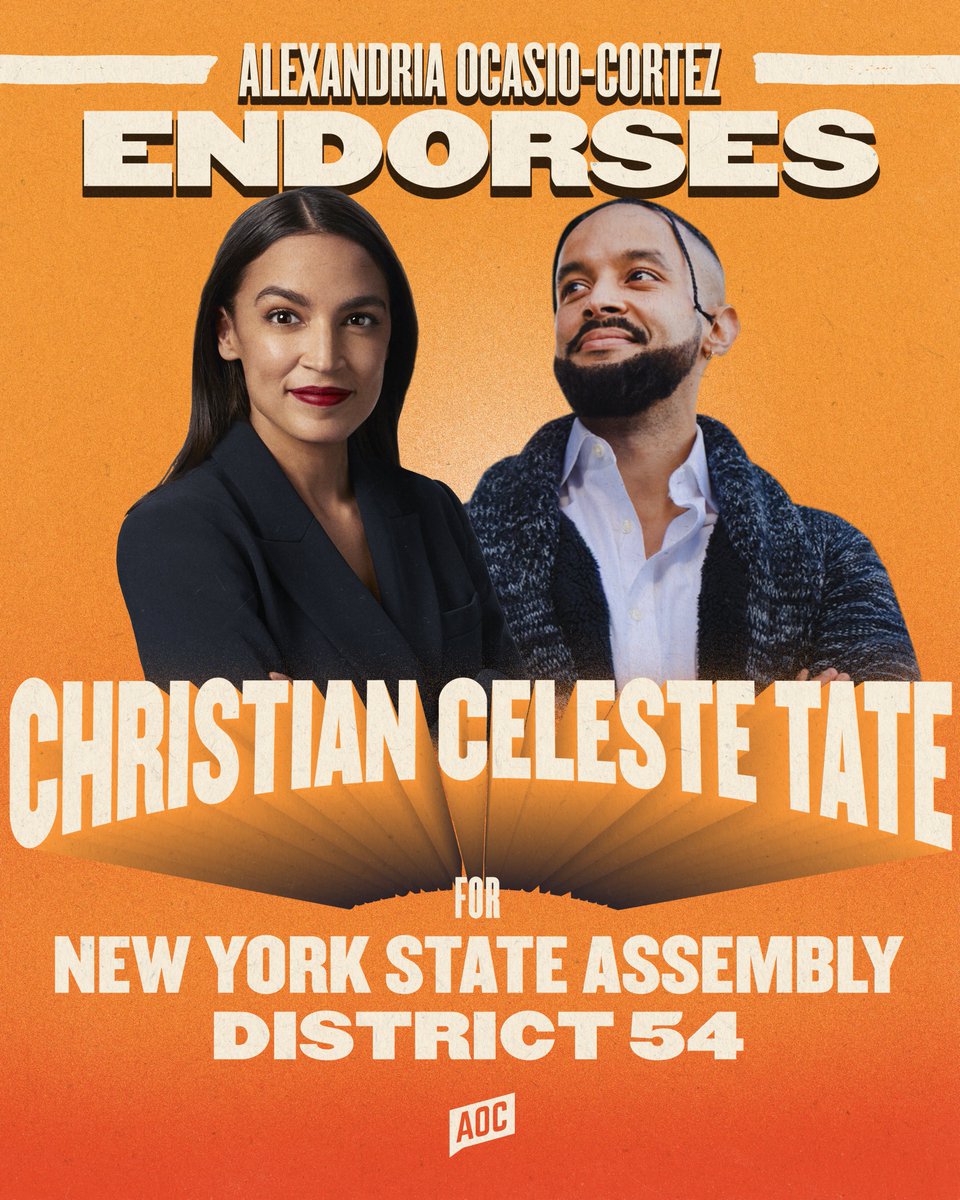 TeamAOC's tweet photo. We are proud to endorse David Orkin, Christian Celeste-Tate, Eon Huntley, and Eli Northrup for New York State Assembly to deliver a New York where everyone can afford to live and afford to dream.

Election Day is Tuesday, June 23. Vote! https://t.co/AkS4qVPyCp
