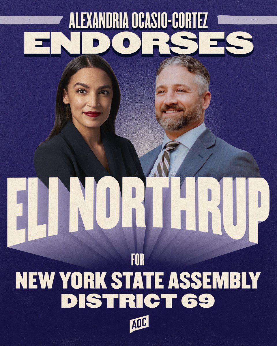TeamAOC's tweet photo. We are proud to endorse David Orkin, Christian Celeste-Tate, Eon Huntley, and Eli Northrup for New York State Assembly to deliver a New York where everyone can afford to live and afford to dream.

Election Day is Tuesday, June 23. Vote! https://t.co/AkS4qVPyCp