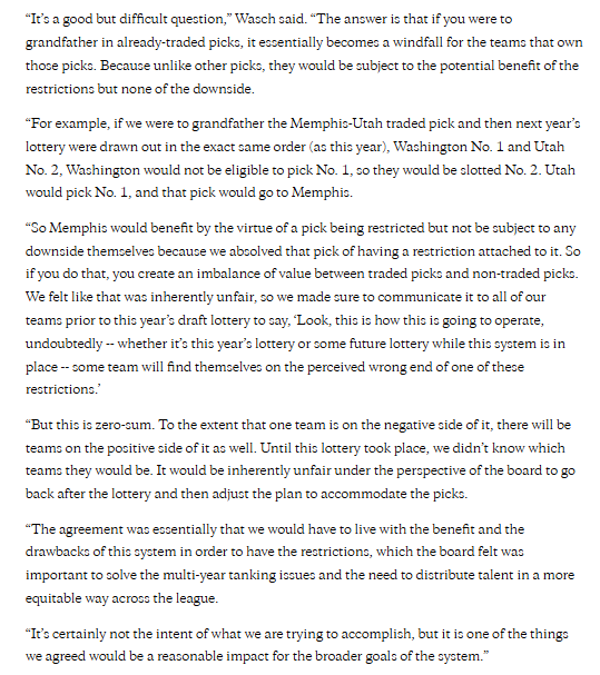 DrewHill_DM's tweet photo. This is the quote given by Evan Wasch, the NBA's Executive Vice President, Head of Basketball Strategy &amp; Growth, when asked about why the Grizzlies pick from Utah couldn't be grandfathered in. 

Evan has a hard job, but I can't get over the "zero-sum" part of this. What??? https://t.co/0varszj20k