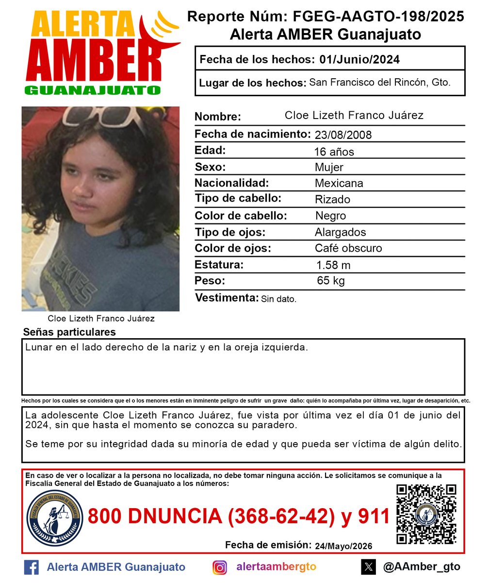 AAMBER_gto's tweet photo. Activación de la Alerta AMBER Guanajuato de la adolescente Cloe Lizeth Franco Juárez de 16 años, San Francisco del Rincón, Gto. https://t.co/0uta4dI9M3