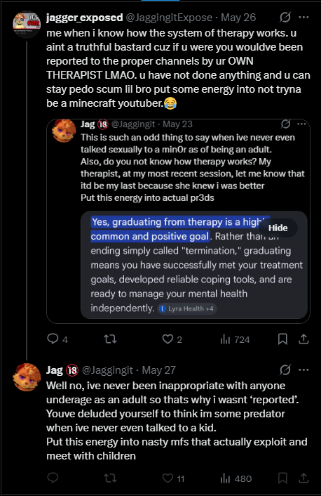 JaggingitExpose's tweet photo. were you not nsfw towards corithecorgie in a private vc while corithecorgie was 17 and u were 21 and tried tried to cover it up by saying u were being sexual in a call about a roblox game called panning? dont know if thats what u would call "never talked to a kid" https://t.co/o47PCR30IN