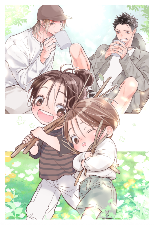 kon_asahi's tweet photo. お手紙返事用のポストカード、パパ×パパものできた！
キャンプに行きたすぎてこんなのになりました
とにかく焚き火がしたい…！ https://t.co/mU6WFSmps7
