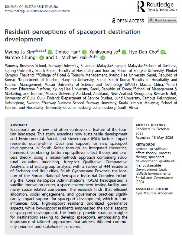 silvertour's tweet photo. Publishing a research paper seems like conducting an orchestra💚💚💚💚 It takes the generous support of colleagues, the guidance of journal editors, the dedication of Ph.D. students, and then the countless stages: pilot testing, preliminary surveys, content validity checks, expert reviews from both academic and field professionals, the main survey… and on top of all that, the insightful comments from three anonymous reviewers who push you to make it better💛💛💛💛 This journey was not easy. There were many struggles at the beginning. But after two years of persistence and the collective effort of every person involved, I am deeply grateful to share that our paper, "Resident Perceptions of Spaceport Destination Development," has been published in the @JSustTour JournalSustainableTourism, a leading journal in the field.
No research is ever a solo performance. It is the harmony of many hands, many minds, and many hearts that brings a paper to life. To my wonderful co-authors, @SINHEEHAN, @YunkyoungJo, @hyodanChoi, @NamhoChung, and @ColinMichaelHall, the great editor @xavierfont, and to everyone who contributed along the amazing way (@SergioAlvarez @NatashaCruzMillheim @SungEunKang @ChanhoChung): thank you so much from the bottom of my heart.
This one means a lot. 🙏🙏🙏🙏
#Spaceport #SustainableTourism #SpaceTourism #SpaceportDevelopment #ResearchJourney #Teamwork #Grateful #SunwayUniversity #SunwayBusinessSchool
 #DMSI #SunwayEducationGroup