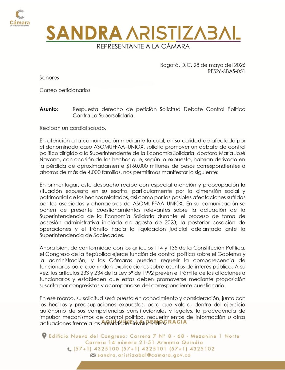 casoasomuffaa's tweet photo. 📰 RESPUESTA | Agradecemos a la honorable representante @sandraaristis por su respuesta a una de las #VictimasAsomuffaa poniendo en conocimiento y consideración los hechos para proceder a los procedimientos pertinentes.  

Los senadores y representantes en general han sido muy amables y receptivos en escucharnos y darnos su apoyo en procura de justicia.    

#CasoAsomuffaa #FraudeAsomuffaa #VictimasAsomuffaa #FraudeSolidario