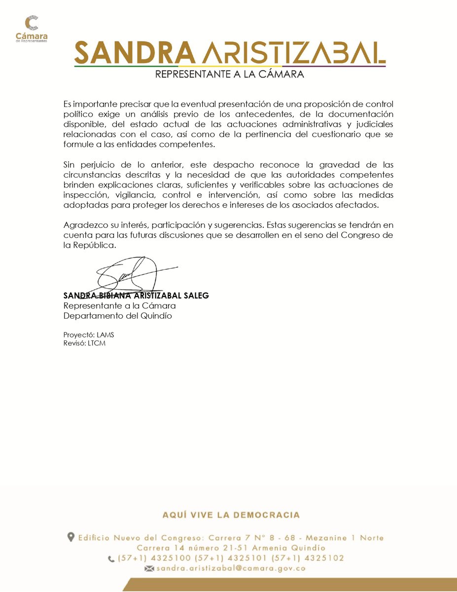 casoasomuffaa's tweet photo. 📰 RESPUESTA | Agradecemos a la honorable representante @sandraaristis por su respuesta a una de las #VictimasAsomuffaa poniendo en conocimiento y consideración los hechos para proceder a los procedimientos pertinentes.  

Los senadores y representantes en general han sido muy amables y receptivos en escucharnos y darnos su apoyo en procura de justicia.    

#CasoAsomuffaa #FraudeAsomuffaa #VictimasAsomuffaa #FraudeSolidario