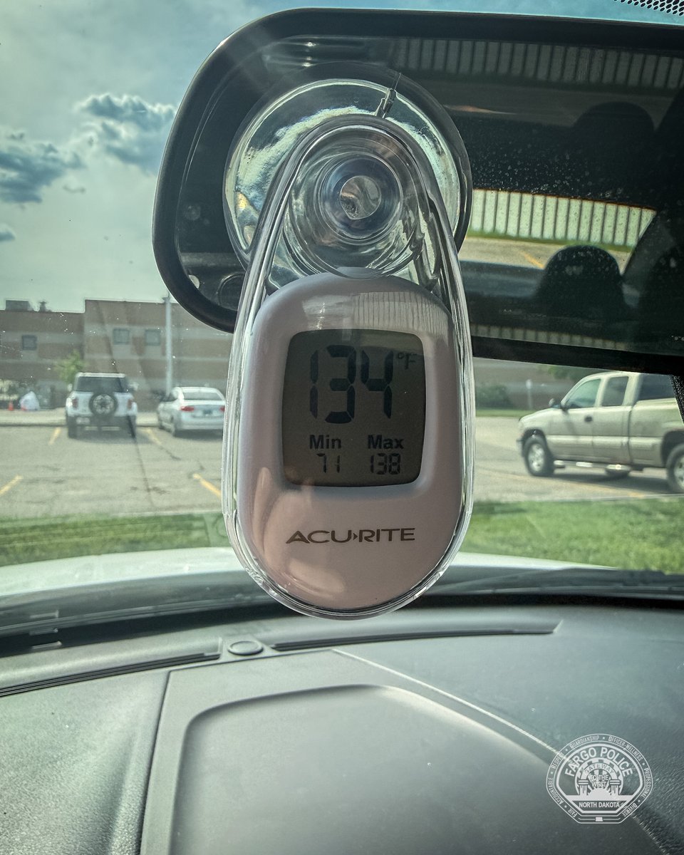 FargoPolice's tweet photo. Today is National Heat Awareness Day ☀️, and with the recent warm weather and temperatures expected to be in the upper 80s and 90s today and throughout the weekend, we wanted to show just how dangerous heat can become inside a vehicle.

We placed a digital thermometer inside a white vehicle for two hours yesterday while the outside temperature was in the 90s. The interior temperature of the car started at 71° and reached a maximum of 138°. When this photo was taken, it was still 134° inside the vehicle.

Even though it was a lighter-colored vehicle, it still become dangerously hot in a short amount of time.

🚗 Take a second look in the back seat before locking your vehicle.
🔑 Never leave children, pets or vulnerable individuals inside a parked car, even for “just a minute”.
💧 Keep water in your vehicle and stay hydrated while traveling or spending time outdoors.
🐾 Bring pets with you when you leave the vehicle. Cracked windows do not keep cars safe.
🌡️ Vehicle interiors heat up much faster than many people realize, even with lighter-colored vehicles.

Stay safe and stay cool, Fargo. ☀️💧