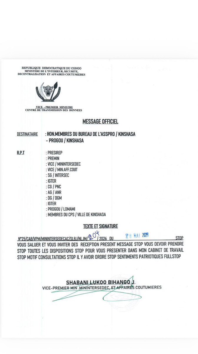 Nzabeka01's tweet photo. Enfin, le bureau de l'Assemblée provinciale de Kinshasa et le gouverneur Daniel BUMBA LUBAKI sont convoqués par le VPM de l'intérieur . https://t.co/eqU4Ew951S