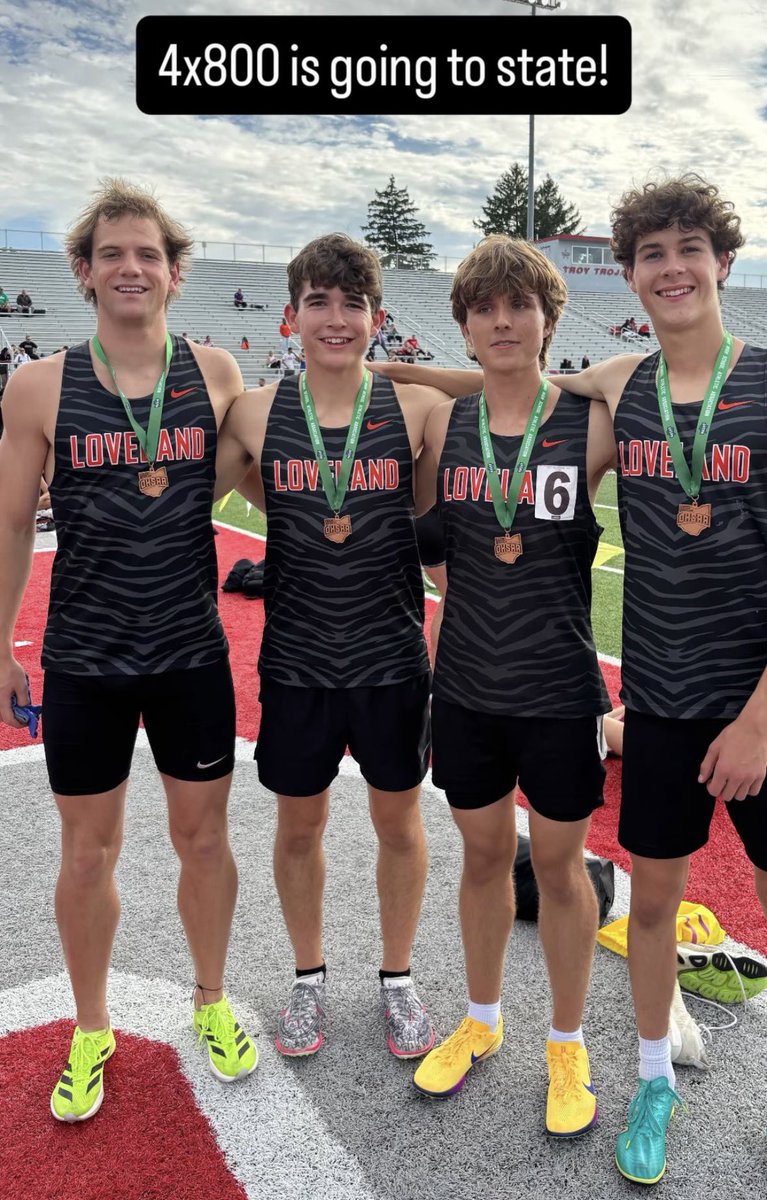 SchermsLHS's tweet photo. @Loveland_AsstAD @LHSTigerAD congrats to the State Qualifiers from last night’s Regional T&amp;F meet at Troy. Natalie Niese SQ in shot, finishing 3rd, boys &amp; girls BOTH SQ the 4x800.Boys podium in 4th with a SB 8:07 &amp; girls SQ as regional CHAMPS with a new 9:15 school record,OH #2 https://t.co/7DHbgLHnYi