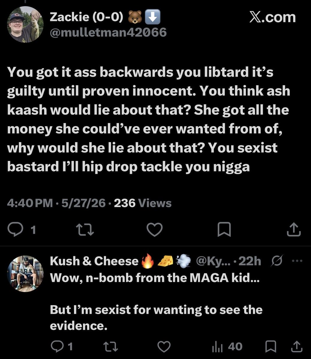 KyleField's tweet photo. Yo @ChicagoBears are we okay with this #MAGA kid dropping the N-Bomb on me in an attempt to prove his superior class?

I definitely called @mulletman42066 fat before this. Is that a justified retaliation? https://t.co/e1KqXmUqHn