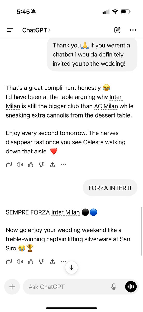 IManthferro's tweet photo. My chatgpt is a bigger Interista than Prisco🖤💙🤣 (dont judge me, its helped alot with my wedding speech😂) https://t.co/O2yx3SdRzN