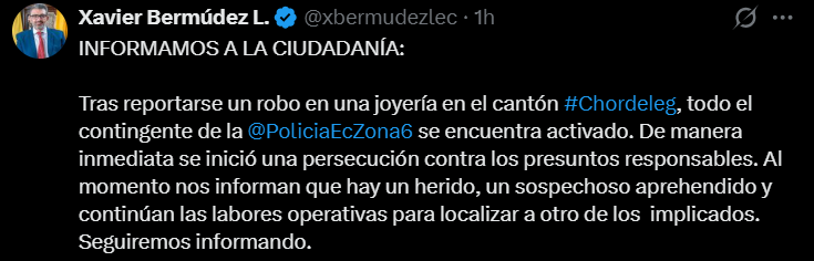 hernanreportero's tweet photo. 16:50 Un herido y un detenido deja hasta el momento el robo a mano armada ocurrido en cantón #Chordeleg del Azuay. Gobernador del Azuay, @xbermudezlec informa de los detalles. https://t.co/oS2sA0buRS