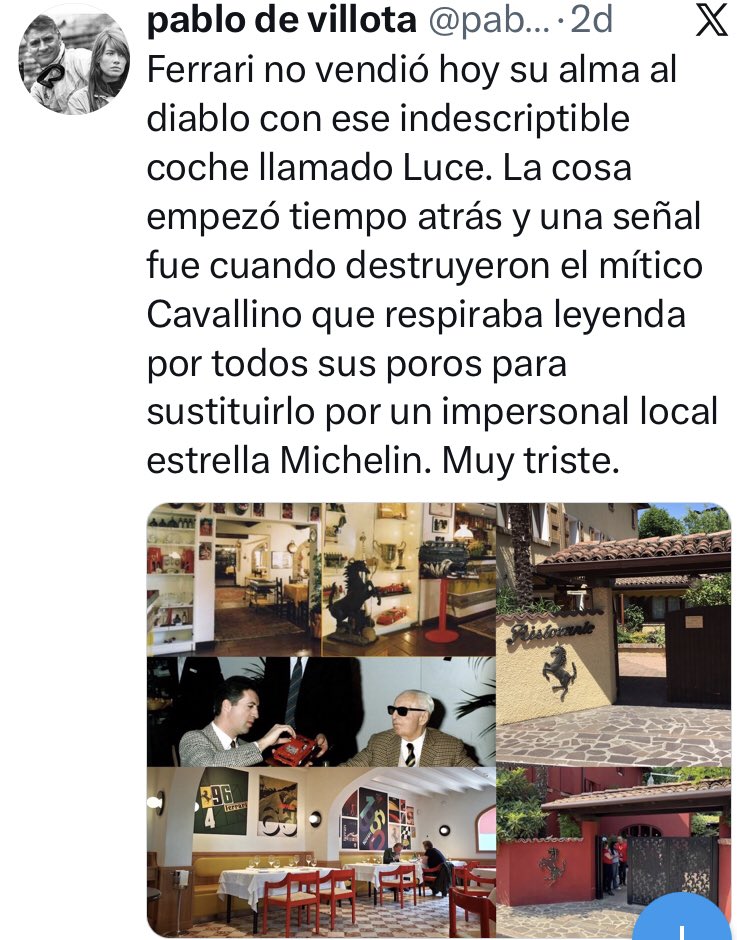 pablodevillota's tweet photo. @fernacla Mi opinión sobre los distintos modelos de gestión no se basa sólo en el Luce. Son muchos años trabajando con la casa y no se resumen en un tuit. Creo que usted desconoce elementos clave de Ferrari y su sector en sus aseveraciones pero no por ello le insulto. Esa es la diferencia. https://t.co/kwJO82VEn0