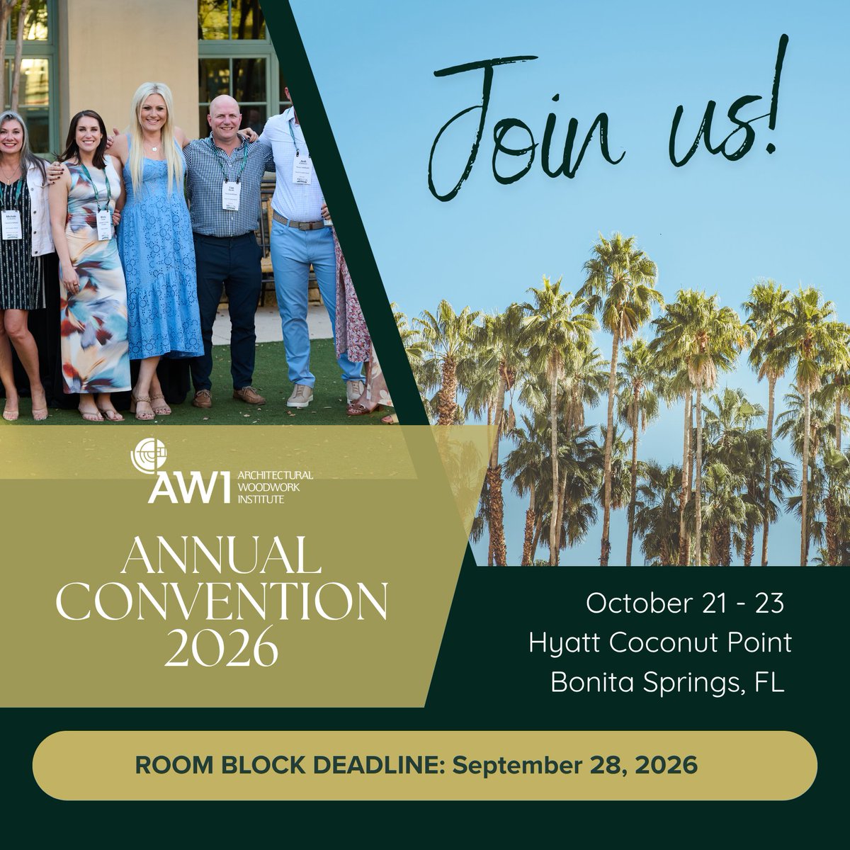 AWInational's tweet photo. Join us at Hyatt Coconut Point Resort in Bonita Springs, Florida for the 2026 AWI Annual Convention!

October 21–23, 2026

Register today! https://t.co/VOzE3sTLPS https://t.co/FG5nxbqnSf