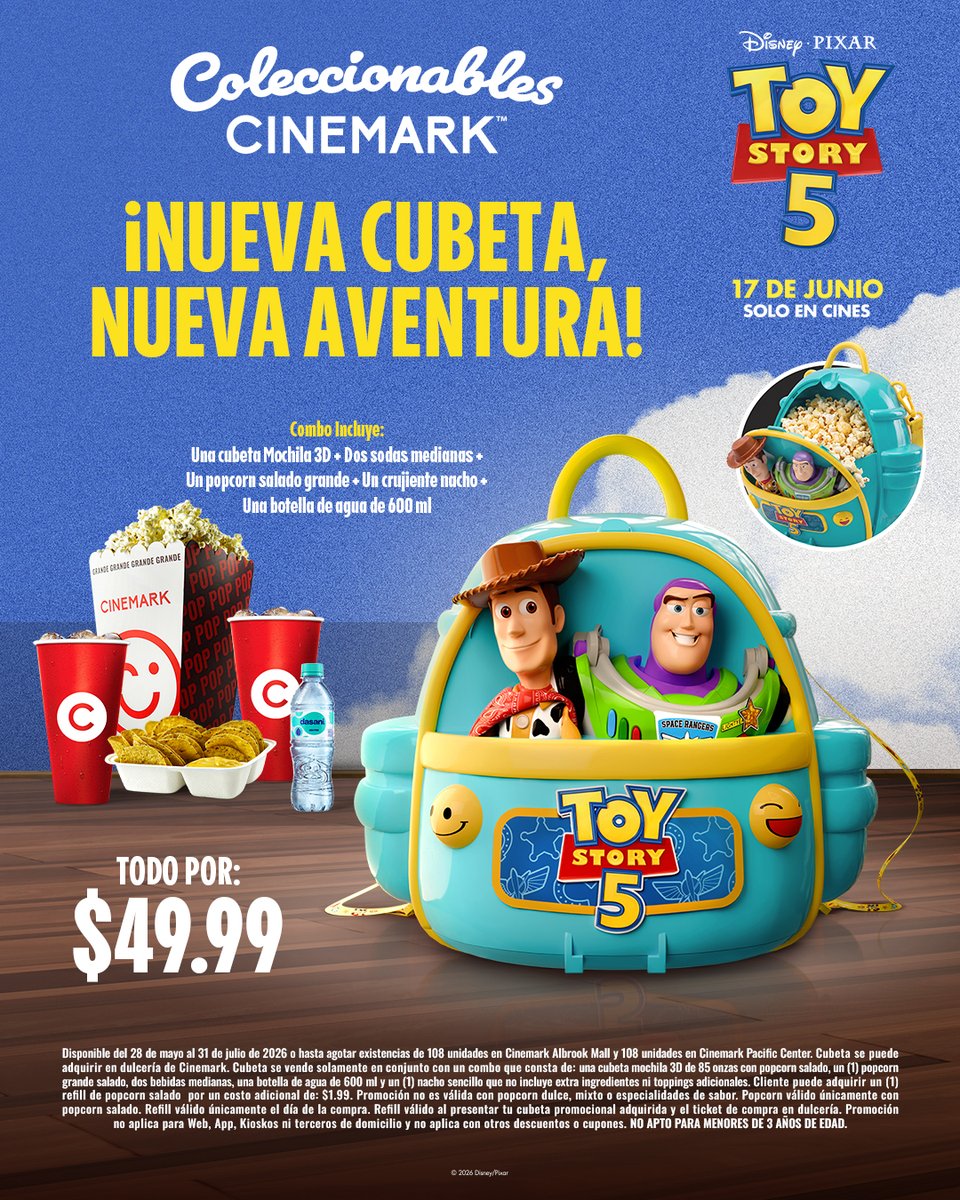 CinemarkPA's tweet photo. La nostalgia nunca se vio TAN increíble... 😭💙 La cubeta-mochila de #ToyStory5 ya está disponible en Cinemark. 🚀🤠 ¿Quieres la tuya? 🤯 Corre a Cinemark y pide el #ComboToyStory5. 🍿😍

#ColeccionablesCinemark #Dulcería https://t.co/Vywd8qgfW4