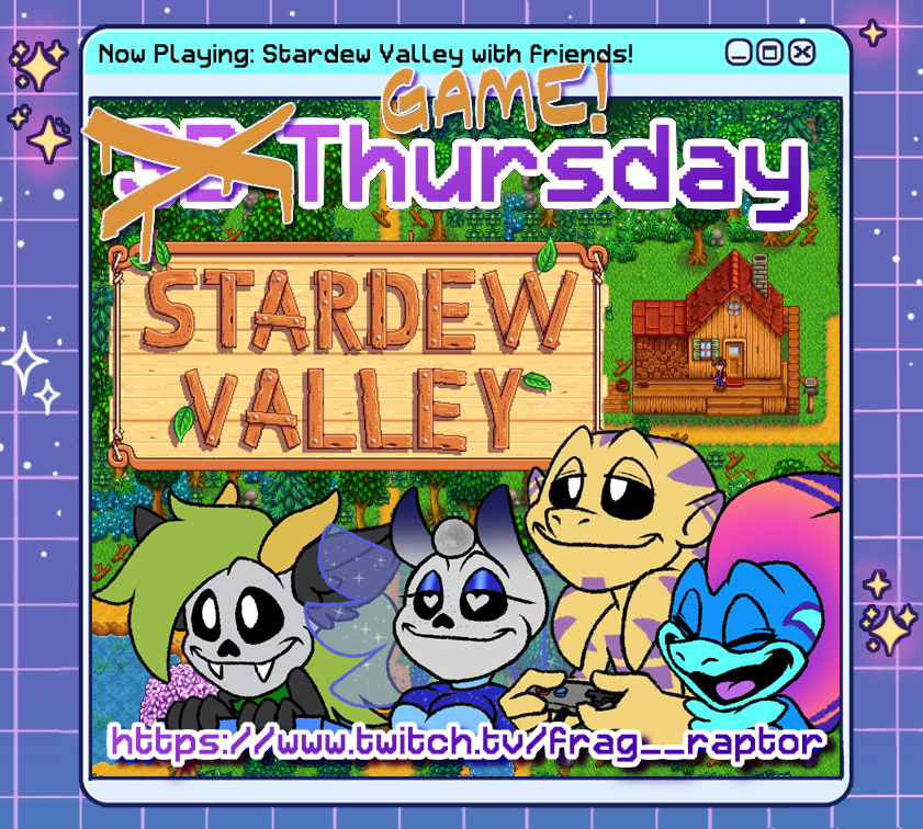 Frag_Raptor's tweet photo. Taking a breather from art, it's time for some Stardew Valley with @KevDnG  @sorrowful_roses  and  @DeathraDonrea our friend KreativeDragonling!
#StardewValley #Stardew #GamingStream #ENVtuber #Vtuber

✨ Iink beIow!✨ https://t.co/pwGSDVPaBc