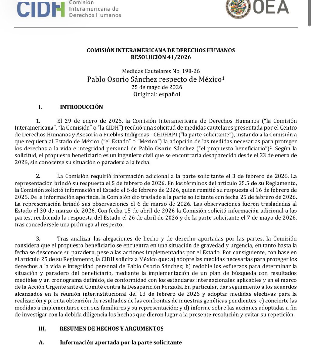 RaquelCharq's tweet photo. En el contexto de la crisis de seguridad en Sinaloa, la CIDH publicó hoy medidas cautelares a favor de Pablo Osorio Sánchez, ingeniero civil desaparecido desde el 23 de enero de 2026 en La Concordia, Sinaloa.

La Comisión tuvo por acreditados, prima facie, los requisitos de gravedad, urgencia e irreparabilidad: la desaparición continúa, no se ha determinado su paradero y existen diligencias genéticas pendientes.

La CIDH ordenó al Estado mexicano proteger su vida e integridad, implementar un plan de búsqueda con resultados medibles y cronograma definido, concertar las medidas con su familia e investigar los hechos con debida diligencia.

https://t.co/SxxXHlEs1t