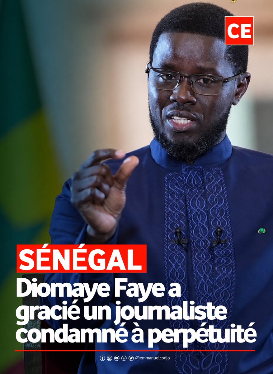 Emmanuelcodjo_'s tweet photo. #Sénégal,la grâce présidentielle accordée par Diomaye Faye à un journaliste condamné à perpétuité constitue un geste politique lourd de symboles. Elle envoie un signal fort sur la place des médias dans la société sénégalaise et sur la nécessité de réhabiliter la liberté de presse https://t.co/fuHz3yvjR5