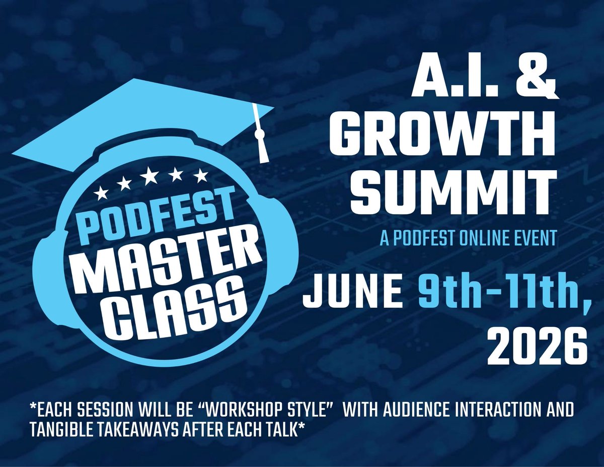 podfestexpo's tweet photo. We're less than 2 weeks away from the Podfest Masterclass A.I. & Growth Summit!

USE CODE "SM50" to join us.

This will be an event YOU WON'T WANT TO MISS!

With the revolution of A.I. and various creator tools that are coming out every day, we want to make sure you're one step ahead in creating, growing, and monetizing your brands for the rest of the year!

Based on the popular demand of our Podfest Workshop Series, each presentation will be INTERACTIVE, and you'll walk away with a TANGIBLE OUTCOME after each talk!

Themes and Topics Include:

Day 1: Launch Mode Activated: Build, Clone & Go Live with AI in One Day

-HOW TO CREATE A SUCCESSFUL PODCAST 101 with Andrew Weiss
-Building an A.I. Clone with HeyGen in 2026 with Brittany Long
-If I were on a desert island and was only allowed three A.I. tools, which would they be with Tony Rockliff
-15 Ways AI Grows My YouTube Channel 10% Month Over Month with Mark Savant

Day 2: Scale Your Reach – Rank Higher and Grow Faster than Your Competition

-10k followers or $100k through Instagram, which sounds better? with Harrison Coley
-Podcast Growth Lab: 10 Systems that Skyrocket Listens with Simona Costantini
-The 4-Step Podcast SEO Strategy to Increase Discovery Overnight with Courtney Elmer

Day 3: Monetization Mastery: Launch Newsletters, Communities, and 38+ Ways to Get Paid

-Building a Thriving Community For Your Podcast Listeners with Alex Sanfilippo
-How to Make Money From Your Podcast in 36 Ways (Even With Zero Sponsors) with Jason Allan Scott
-Monetize by Launching and Growing a LinkedIn Newsletter with Jordan Mendoza
-Set and Reach your Goals in 2026 with Mark Katz

A strong sense of community and camaraderie will welcome you at our 4th virtual event! Created in 2015, Podfest has grown into a recurring, must-attend yearly gathering that is now international, drawing creators from all over the world. 

You will see friendly faces and speakers who are experts in their field, delivering the most valuable, recent content from the virtual stage.

Use code "SM50" to join us.
https://t.co/7k9VOpeMRJ

#virtualevents #virtualpodcastevent #virtualpodcastevents #virtualaievents #virtualaievent #virtualpodcastingevent #virtualpodcastingevents