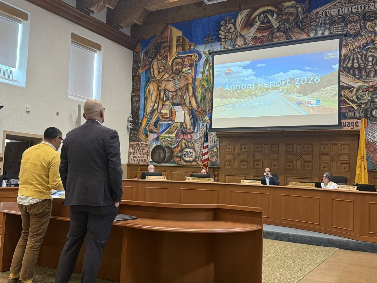 SFCAssessor's tweet photo. More than numbers — it’s about serving our community.
This week, Assessor Isaiah F. Romero and Deputy Assessor Ivan Barry presented the 2026 Annual Report &amp; Valuation Maintenance Program to the Board of County Commissioners, highlighting progress made in 2026 and goals for 2027 https://t.co/PpcFjKGmVu